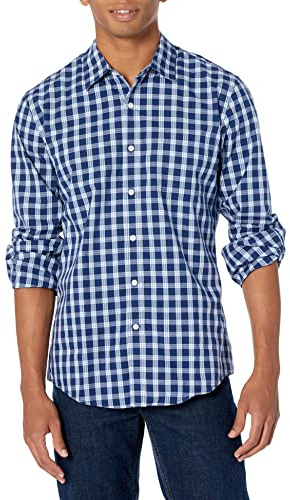 Amazon Essentials Men's Slim-Fit Long-Sleeve Poplin Shirt, Navy White Plaid, M