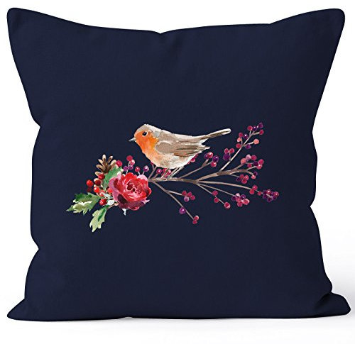 Autiga Kissenbezug Vogel Rotkehlchen Blumen Misteln Watercolor Bird Weihnachten Christmas Navy 40cm x 40cm