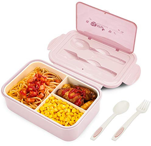 Bibury Lunch Box, Boîte à Déjeuner en Plastique pour Enfant Adulte, Boîte à Repas avec Trois Compartiments et des Couverts(Fourchette et Cuillère), sans BPA, pour Micro-Ondes et Lave-Vaisselle - Rose