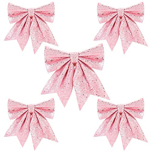 Aurasky Lazos de Navidad rosa, 5 unidades de lazos para árbol de Navidad, color rosa, lazos de Navidad, lazos de purpurina para regalo, 24 y 18 cm