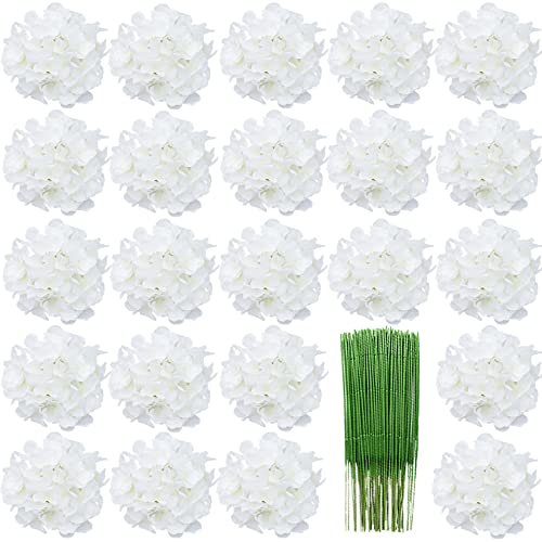 HinyoCo 28 Pcs Hortensias Artificiales, Hortensias de Seda Cabezas de Flores con Tallos Flores Falsas para Ramos de Novia, Decoración de Fiesta en el hogar, Arreglos, Centros de Mesa (Blanco)