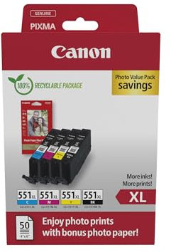 Canon CLI-551 XL C M Y BK Vorteilspack 4 Tintenpatronen größere Reichweite XL (Schwarz XL, Cyan XL, Magenta XL, Gelb XL) Original [Umweltfreundliche Recycle-Kartonverpackung 2024]
