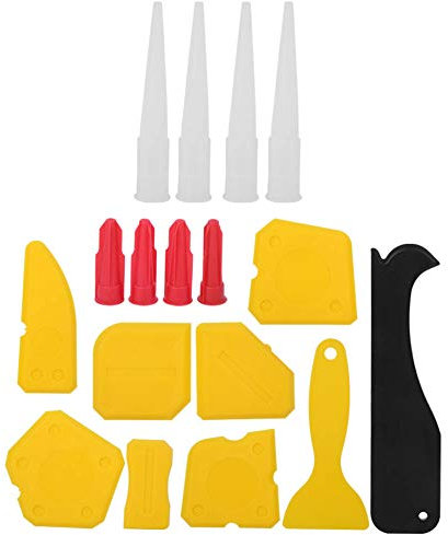 Dissolvant de Mastic Silicone, Kit D'outils de Calfeutrage 17 Pièces, Outil de Finition de Mastic Silicone, Grattoir à Coulis, Outil de Retrait de Buse de Calfeutrage Jaune,