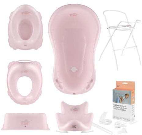 Hylat Baby Komplett-Set: Stabile Babybadewanne mit Gestell, Badesitz und Abfluss, Kinder-Toilettensitz, Babytopf, Kinderschemel - Friends Rosa - TÜV Rheinland zertifiziert - Lite-Kollektion