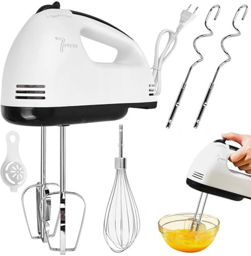 Elektrisch Handrührgerät: 7 StuFen Rührgerät Handmixer mit Ergonomischer Griff, Elektrischer Schneebesen mit 2 Rührbesen & 2 Edelstahl-Knethaken & 1 Schneebesen & 1 Eiertrenner, Spülmaschinenfest