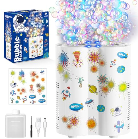 Fireworks Bubble Machine, Automatic Bubble Machine for Kids – 20,000+ Bubbles per Minute with 26 Holes/Lights/240ml Solution/Autocollants for Outdoor Festivals and Weddings