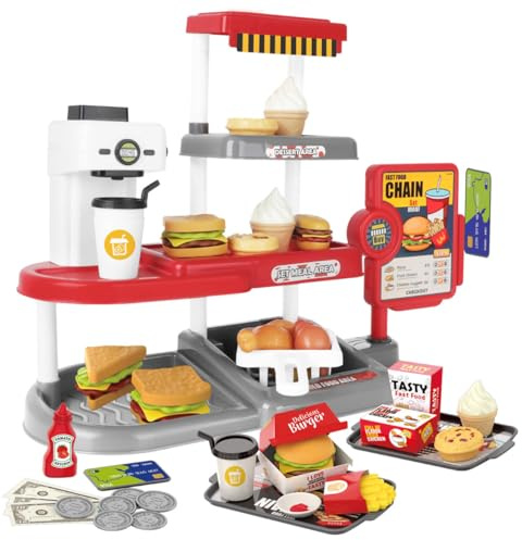 deAO Registratore di Cassa Bambini con Suono, Burger, Patatine e Pollo Arrosto Realistici, Denaro da Gioco, Macchina per Il Caffè , Gioco del Negozio di Fast Food, Set da Cucina Giocattolo (Rosso)