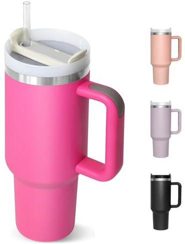 HNCY Thermobecher mit Strohhalm 1180ML, Termokaffeebecher to go, Trinkbecher mit Deckel und Strohhalm, Edelstahl Isolierbecher mit Griff, Tumbler Cup für Kalte Heiße Getränke Thermo Becher