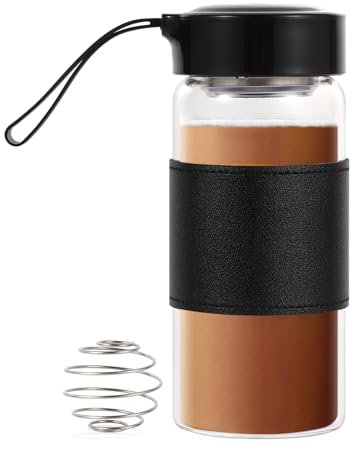 BNCWCQZ Petite bouteille shaker en verre sans BPA sans odeur avec boule de mélange 304SS et brosse de nettoyage amovible pour boissons protéinées et fitness (noir)