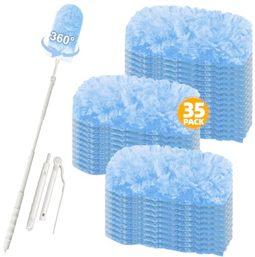 35 Stück Staubmagnet für Swiffer Staubmagnet Nachfüllpack, 360° Magnet Staubwedel für Swiffer Duster, zur Reinigen von Tierhaare Staub Schmutz (35 Tücher + 1 Teleskopstange)