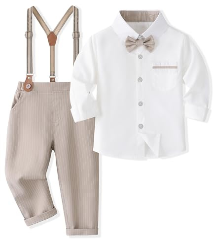 Volunboy Bebe Garçon Costume Gentleman, Noeud Papillon Chemise Carreaux + Pantalon 4 Pièces(2-3 ans,Taille 100,Rayures Kaki)