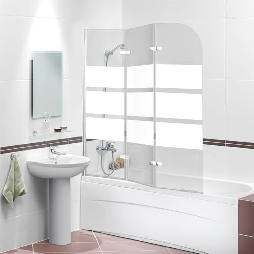 Eikuavons Paroi de douche pliable pour baignoire 120 x 140 cm, paroi de douche en verre de sécurité 6 mm (EGS), pare-baignoire, rayures blanches