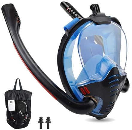 Masque Plongée Adulte de Plongée Grand Champ de Vision 180°, Masque Tuba avec Support de Caméra, Anti-Buée pour Adultes (Noir et Bleu,M)