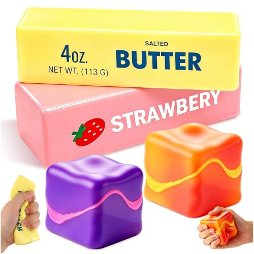 KutaKuta 4 PCS Anti Stress Ice Cube + Butter Jouets, Jouets Sensoriels Anti-Stress Portables en PU, Cube Souple Rempli de Sucre Malt, Anti Stress pour Adultes, 25Toys1