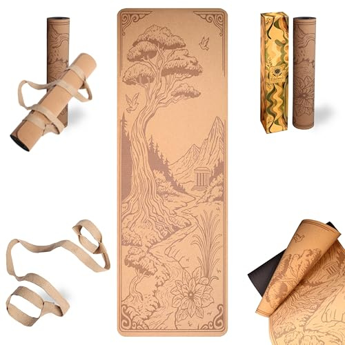 Edelwelt Yogamatte aus Kork – rutschfest & nachhaltig – 183×61 cm mit 5 mm dicker Matte, Tragegurt & Lasergravur-Design für Yoga, Pilates, Gym & Sport – für Anfänger & Geübte (Zwischen Tal und Himmel)