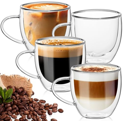 TKNO 4 Pack 380ml Double Walled Coffee Glasses – Insulated Barista Style Clear Glass Mugs for Latte, Cappuccino, Flat White, Heat Resistant Borosilicate Espresso Cups