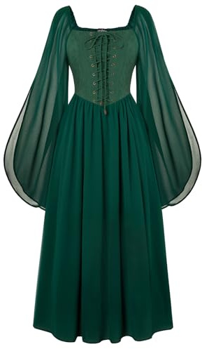 SCARLET DARKNESS Ladies Cottagecore Fairy Dress A Line Slit Long Sleeve Flared Long Dress Dark Green S