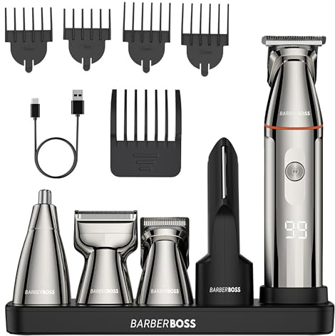 BarberBoss 5-i-1 skäggtrimmer män, groomingkit för män, trådlös hårklippare, näsa och kroppsrakapparat med LED-display och USB-C-laddning, kroppsgroomer