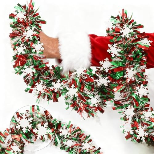 32.8Ft Christmas Snowflake Tinsel Garland, Red Silver Green with Snowflake Chunky Glittery Holiday Hanging Tinsel Decorations for Christmas Wedding Tree Birthday Party Supplies Home Decor
