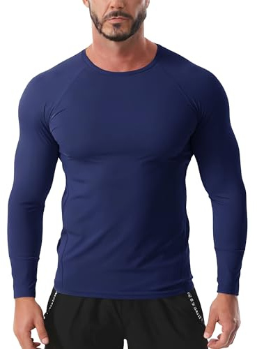 Rane Sports Men's Cool Touch Compression Shirt Long Sleeve Ice Silk Workout Tops Quick Dry Athletic Base Layer Gym Running Training Navy Blue L