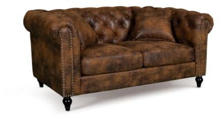 Lovesofas Brown Chesterfield Style Sofa 2 Seater – Faux Leather Tan Sofa with Accent Cushions, Button Detailing & Solid Wood Frame – Classic Two Seat in Faux Leather for Lounge, Office or Club