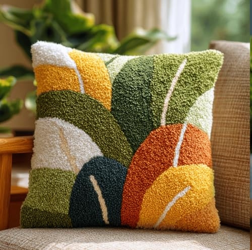 Knüpfkissen Set Zum Selber Knüpfen Blatt Für Erwachsene Und Anfänger,Diy Kissenbezug Mit Knüpfhaken-Set Latch Hook Cushion Kit,Kreatives Basteln Ideal Für Home Decor 43X43Cm