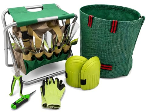 Kit Jardinage Ergonomique Verdorin – Tabouret Pliant + 12 Outils Acier Inoxydable + Sac + Gants + Genouillères – Jardinez sans Douleur au Dos ni aux Genoux