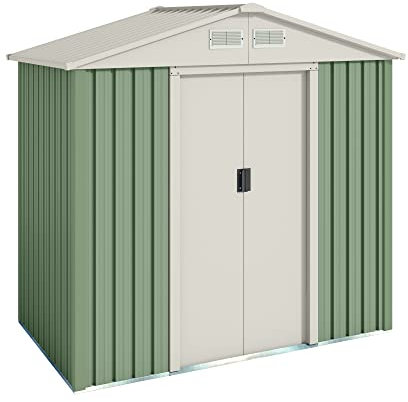 Hoggar - Caseta Metálica de Jardín 2,43 m2 Nybro – 4 Rejillas Anticondensación – Verde y Beige - Puerta Corredera Doble – Techo a Dos Aguas - Cobertizo de Metal Almacenaje Exterior