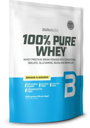 BioTechUSA 100% Pure Whey | Poudre de protéines avec BCAA et Glutamine | Sans gluten, sans huile de palme | 21g de protéines par portion, 1 kg, Banane