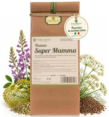 Erbecedario Tisana Super Mamma con Galega e Finocchio, Tisana Allattamento naturale Favorisce la produzione di Latte Materno, Allevia Coliche e gonfiore addominale, Idea regalo mamma 1 sacchetto 100g