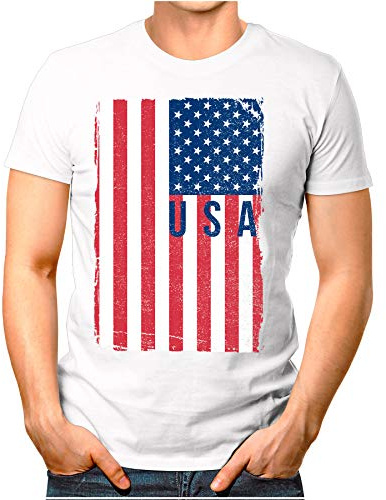 OM3® - USA-flagga vintage – herr t-shirt | USA flagga fotboll fotboll fanshirt sport tröja | S – 4XL, Vit, XL