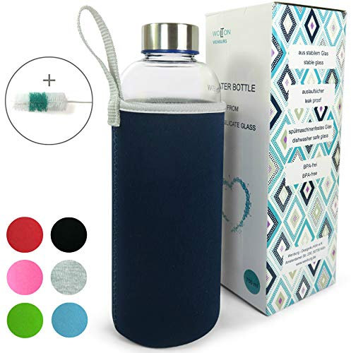 Wenburg Wolton Trinkflasche/Glasflasche mit Edelstahl Deckel 550 ml / 750 ml / 1 l, Neopren Hülle. Sportflasche/Wasserflasche aus Glas. Für Unterwegs (0,75 l, dunkelblau)