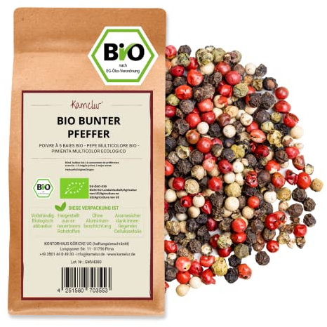 200g Poivre à 5 Baies BIO avec des baies roses pour moulin à poivre, mélange de grains entiers de poivres bio sélectionnés - dans un emballage biodégradable