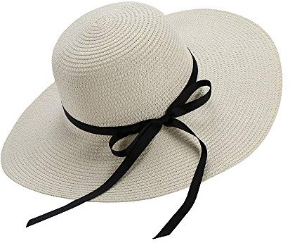 Moxamo Women's Straw Hat Summer Bowknot Beach Foldable Hats UV Protection UPF50+ Wide Brim Floppy Ladies Men Straw Sunhat Packable Holiday Beach Accessories (White)
