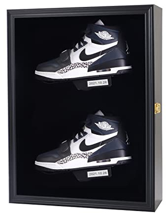 COMSREV Memorabilia Shoe Display Case Wooden Frame Wall Mount Acrylic Clear Door Sneaker Cabinet Containers Storage Shelves Boxes 98% UV Protection Lockable（Double Shoe-Black）