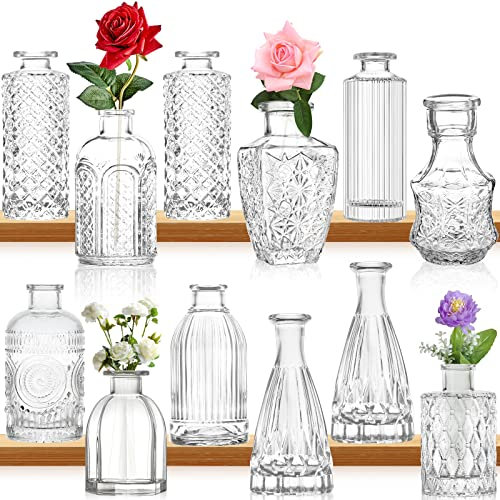 Glas Knospe Vase Set von 12 - Mini Klar Vasen in Bulk, Vintage Glasflaschen für Home Decor, Hochzeit Mittelstücke, Tischdekoration, Blumenarrangements
