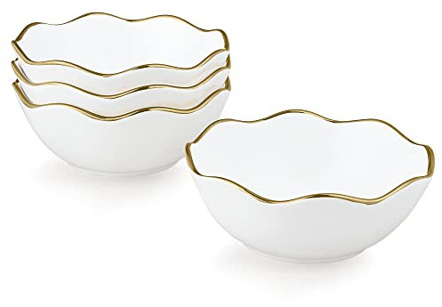 fanquare Suppenschalen Keramik Weiß 4er Set, Frühstück Müslischalen Porzellan, Chinesische Reisschüsseln mit Goldrand