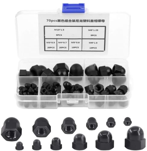 Uadme 70Pcs Acorn Dome Cap Nuts Assortment Kit, M3 M4 M5 M6 M8 M10 Nylon Hex Caps for Protecting Hexagon Screws Bolts, Black