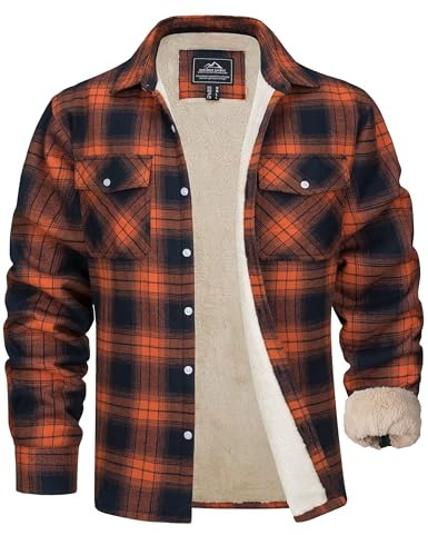 MAGCOMSEN Veste Chemises Polaire à Carreaux pour Hommes, Manteau d'Hiver Thermique Chaud en Flanelle pour Extérieur Travail Décontracté Doublure Sherpa à Boutons, Orange, S