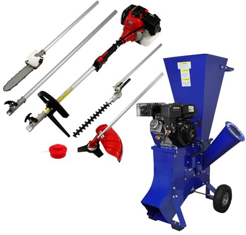 T-Mech - Tagliaerba Decespugliatore Elettrico Multifunzione 5in1 52cc per Giardinaggio e Kit di Sicurezza & Trita Legna da 15HP 420cc ruote trattore per tutti i terreni agricoli 295kg