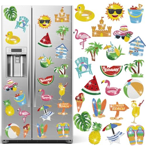 Tellegloww 24 Pcs Refrigerator Diamond Painting Magnets Sea Beach Diamond Art Magnets Kits Tropical Hawaiian Fridge Stickers for Adults DIY Home Decor(Ball)