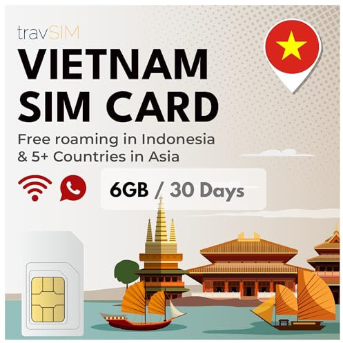 travSIM Vietnam SIM-Karte | 6GB Daten | 4G/5G Geschwindigkeiten | Kostenloses Roaming in Indonesien in Asien | Funktioniert auf iOS & Android Geräten | Plan auf Vietnam SIM ist 30 Tage gültig