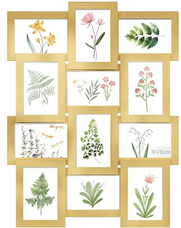 SONGMICS Collage di Cornici per Foto, 12 Cornici per Foto 10 x 15 cm, Cornici Portafoto da Parete, Cornici Multiple, Decorazioni Murali, Oro Pallido RPF026A01