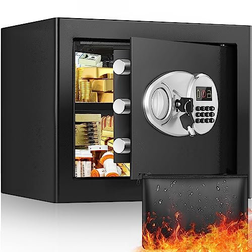 26L Fireproof Safe Box with Fireproof Money Bag, Digital Home Safe Box with LCD Keypad Key & Removable Shelf, Electronic Fire Proof Safe Boxes for Home Money Medicine Jewelry