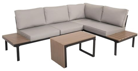 Sienna 4 Seater Modular Corner Sofa Set with Table - Outdoor Garden Furniture Set with Grey Cushions, Weatherproof Polywood & Steel Frame - Outdoor Seating for Patio, Balcony, Decking & Conservatory