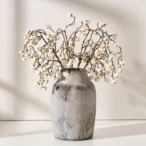 PORCER Ceramic Rustic Farmhouse Flower Vase, 7.2 Inch Boho Terracotta Vase for Home Decor, Living Room, Table, Shelf, Mantel Decoration, Farmhouse, Gray