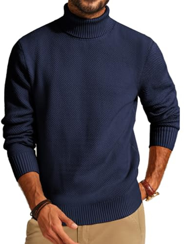 Men Sweater Chunky Turtleneck Long Sleeve Knit Sweaters Solid Wool Pullovers Navy Blue