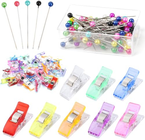 200 Stück Stecknadeln mit Kopf + 50 Stück Nähklammern, Edelstahl Stecknadeln Mehrfarbig, Stoffklammern zum Nähen, Nähzubehör für Basteln Quilten Säumen Schmuck Making