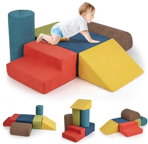 GOPLUS Bloques de Escalada, Set de 6 Piezas de Juguetes de Escalada de Espuma con Agarraderas, Cubierta de Tela, Bloques de Escalada para Gatear y Deslizarse, para Niños de 1-3 Años (Multicolor)