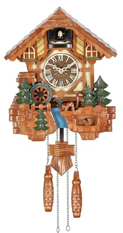 Kintrot Cuckoo Clock for Wall, Handcrafted Wooden Traditonal Black Forest Chalet Clock with Cute Singing Bird, Rotating Waterwheel,Squirrel,Deers and 12 Melodies